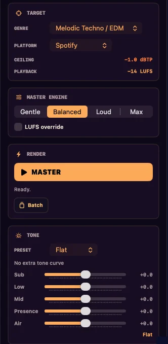 Sunset for Mac controls: genre and platform targets showing a −1.0 dBTP ceiling and −14 LUFS playback, Gentle, Balanced, Loud and Max engine settings, a LUFS override, the Master button with Batch, and a tone preset with Sub, Low, Mid, Presence and Air sliders.